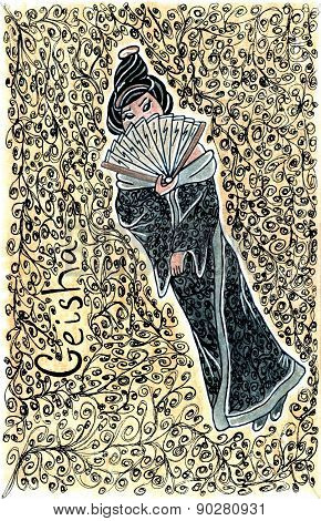 Hand Drawn Geisha Illustration Back Set Red