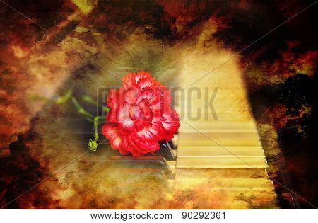 Old Vintage Gand Piano Keys With A Red Carnation Flower, Vintage Picture, Music Concept