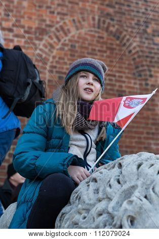 CRACOW POLAND - DECEMBER 19 2015: Cracow Main Square - The demonstration of the Committee of the Defence Protection of the Democracy against the break of law through the government PIS in Poland.