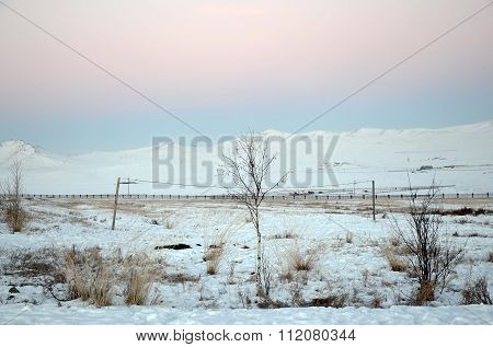 Sunset In Mongolian Steppe In Winter