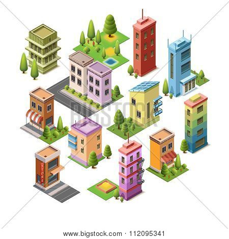 Isometric concept buildings house hotel shop roads and parks.