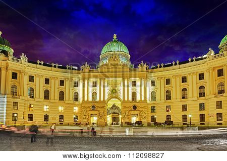Hofburg Palace Seen From Michaelerplatz, Wide-angle View At Dusk.vienna.austria.