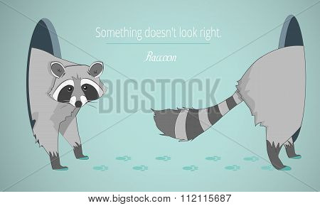 Confused Raccoon walking through the room in a blue background. Vector Illustration