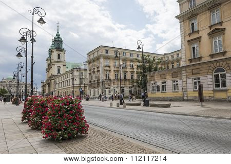 Warsaw - July 09: Holy Cross Church Built Between 1679-1696 In Baroque Style And Staszic Palace Buil