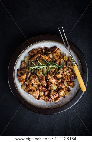 Beef Stew With Frest Rosemary In Plate On Black Table