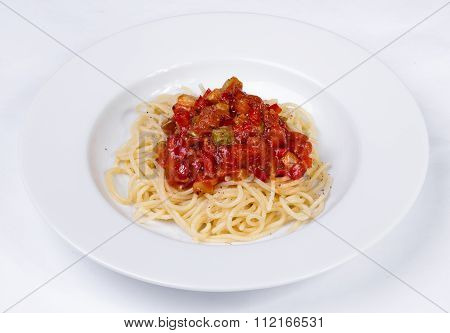 vegetable pasta with meatballs and tomato sauce