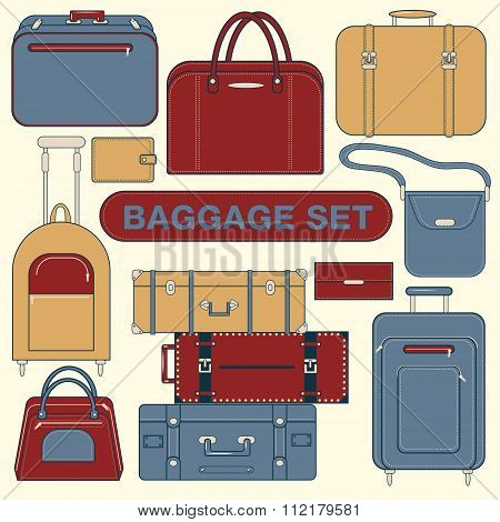 Baggage Set For Travel Time. Different Bags And Suitcases