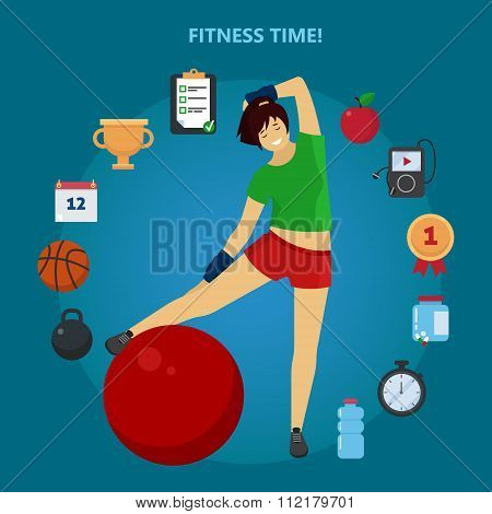 Fitness Time. Girl With Set Of Fitness Icons