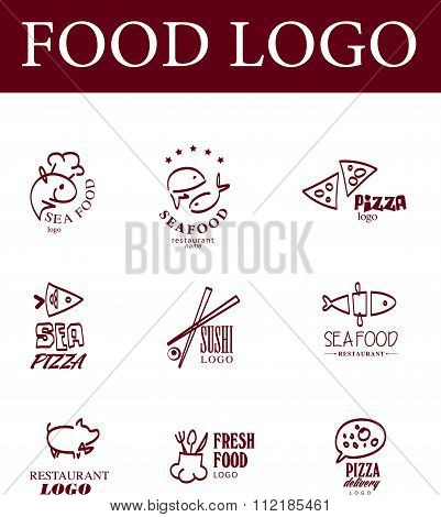 Eco food, fast food, sushi, pizza icons, fish and se