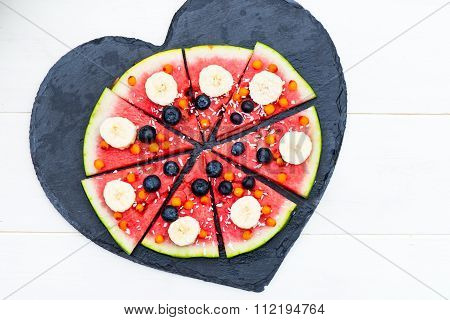 Vegan Snack From Watermelon, Fruits And Berries - Blueberries, Shredded Coconut, Bananas,  Seabuckth