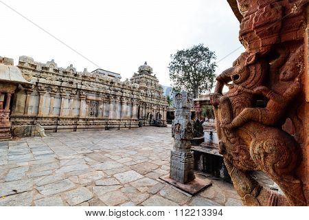 View of the South Indian Hindu temple main mandapa from its courtyard corner