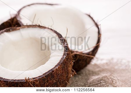 Coconut On Wooden Table.vintage Filter. Organic Healthy Food Concept.beauty And Spa Concept.