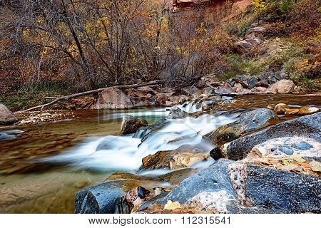 Water flowing through the Virgin river in Zion National Park in USA