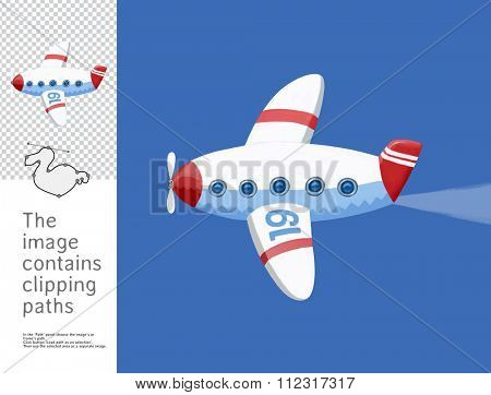 The illustration of the toy airplane in the blue sky. A part of Dodo collection - a set of educational cards for children. The image has clipping paths and you can cut the image from the background. 
