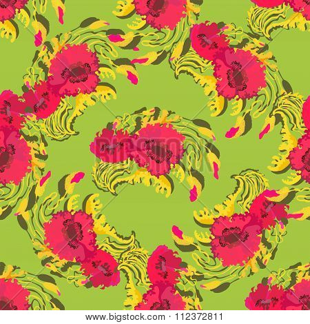 Pattern of poppy flowers on green background. Vector illustration.