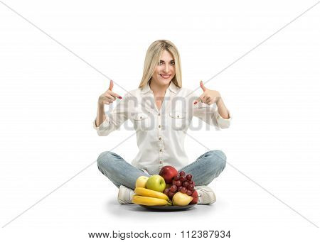 Happy Young Woman And Healthy Vegetarian Food, Fruit. Concept Of Diet. Low-calorie Fruit Diet. Diet