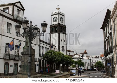 PONTA DELGADA, AZORES/PORTUGAL - CIRCA JUN, 2015: One of streets in center of Ponta Delgada. City is located on Sao Miguel Island (232.99 km2). Region's capital under the revised constitution of 1976.