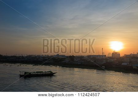 Sunrise With Boat And River