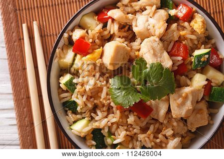 Japanese Cuisine: Tyahan With Chicken Close Up. Horizontal Top View