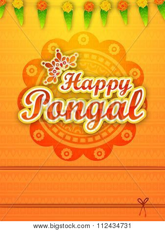 Beautiful floral design and mango leaves decorated greeting card for South Indian harvesting festival, Happy Pongal celebration.