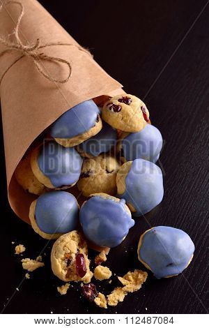 Cottage Cheese Cookies With Cranberries In A Blue Glaze And In Kraft Bag