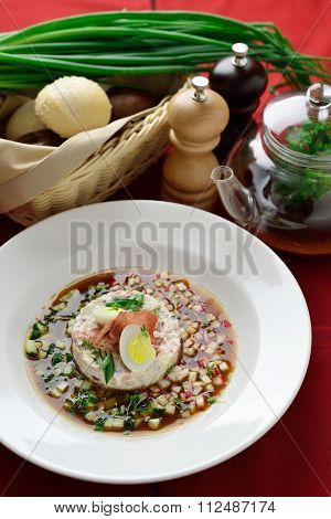 Russian Dish Okroshka With Kvass, Egg, Parsley, Radishes