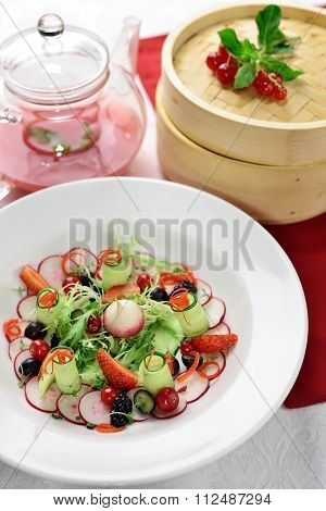 Very Interesting Hash With Berries And Fresh Juice Watermelon
