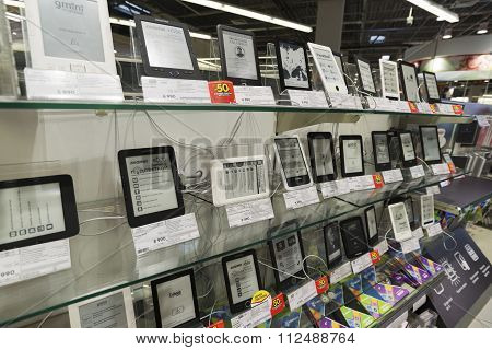 Khimki, Russia - December 22 2015. E-books in Mvideo large chain stores selling electronics and hous