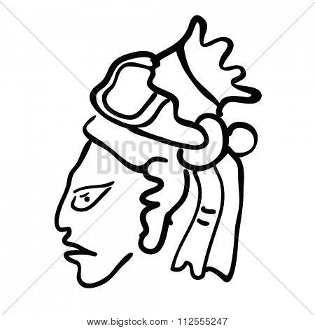 Face in style of Maya Indians, illustration on white background
