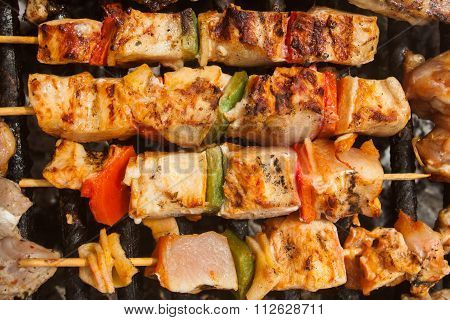 bbq meat with vegetables on stick fried on brazier