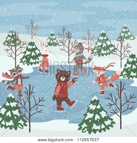 Animals enjoying ice skating.