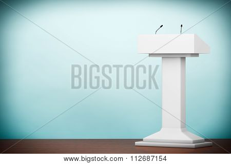 Old Style Photo. White Podium Tribune Rostrum Stand With Microphones