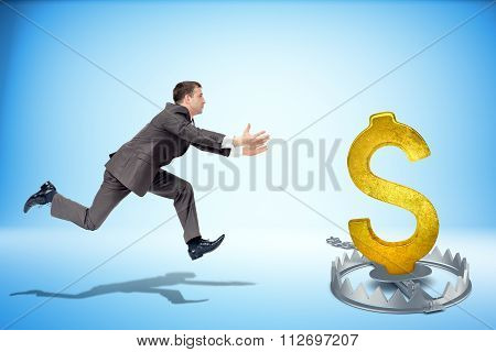 Businessman running forward with dollar sign