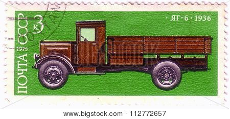 Ussr - Circa 1975: A Stamp Printed In Ussr Shows 5-ton Truck, Yag-6, 1936, Development Of Russian Au