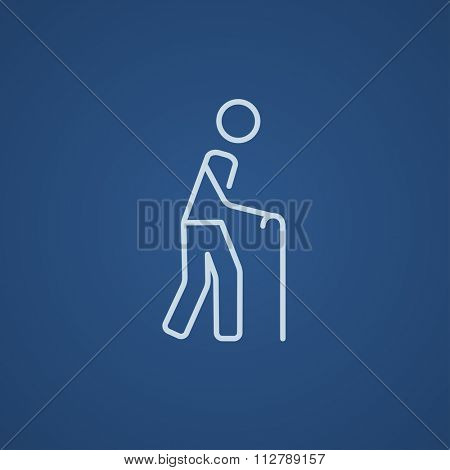 Man walking with cane line icon for web, mobile and infographics. Vector light blue icon isolated on blue background.