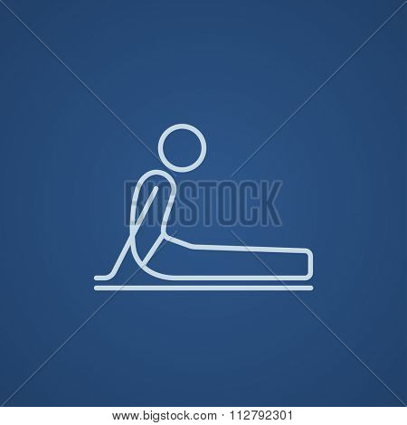 A man practicing yoga upward dog pose line icon for web, mobile and infographics. Vector light blue icon isolated on blue background.