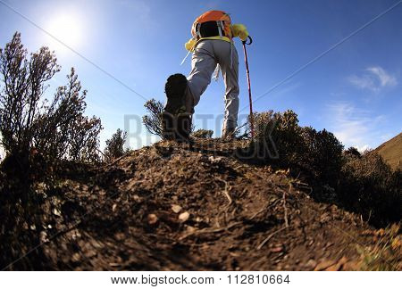 one young woman hiker hiking on mountain peak