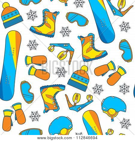 Seamless Winter Pattern With Snowboard Equipment In A Vibrant, Youth Style.