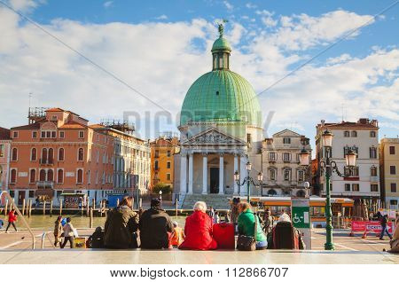 Overview Venice, Italy With Tourists Near The Train Station