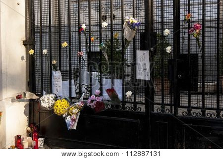 Madrid, Spain - November 15, 2015 - Flowers, Candles And Signs Against Terrorist Attack In Paris, Pl