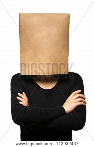 young woman covering his head using a paper bag.