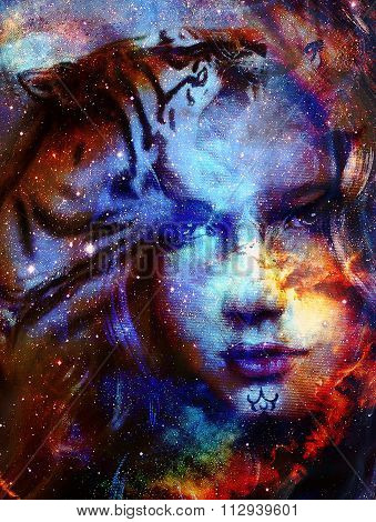 Goodnes woman and tiger in space with galaxi and stars. profile portrait, eye contact.