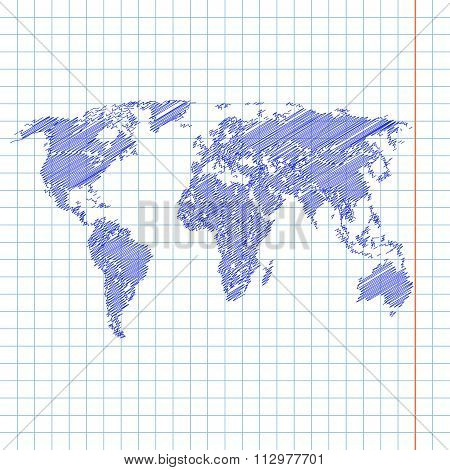 Scribble Sketchy Painted World Map On A School Notebook Sheet.
