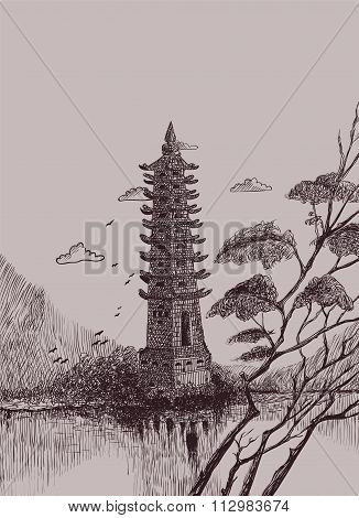 Chinese landscape with a pagoda