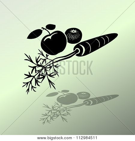 Carrot Mandarin Apple icons. Black silhouette with shadow on light green background. Flat design. Ve