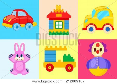 Toys collection isolated on colorful backgrounds. Vector poster of red and yellow cars, pink hare, tumbler plaything and house with truck