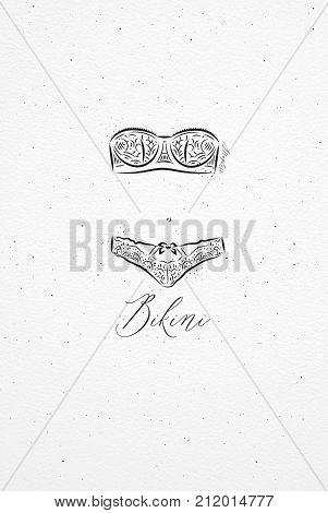 Underwear bikini drawing in vintage style on watercolor paper background