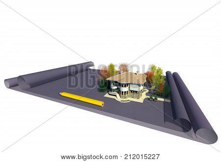 Architectural design creative work concept 3D illustration. 2 story house architectural design, architectural drawings, 3d model, sidewalks, green area. Collection.