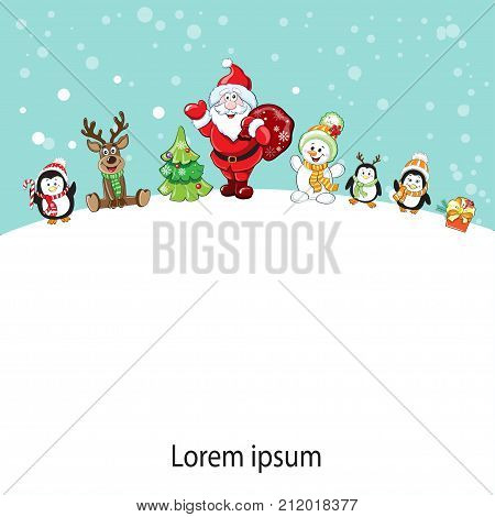 Christmas template card with Santa penguins deer Rudolf and the Christmas tree