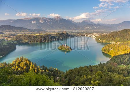 Panoramic view of Lake Bled from Mt. Osojnica, Slovenia.